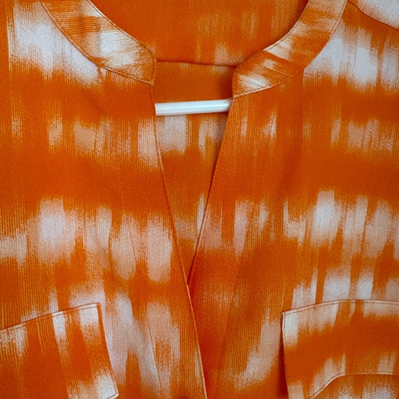 Calvin Klein Women Split V-Neck Roll-Tab Sleeve Button Front Top Orange/White - Picture 8 of 8